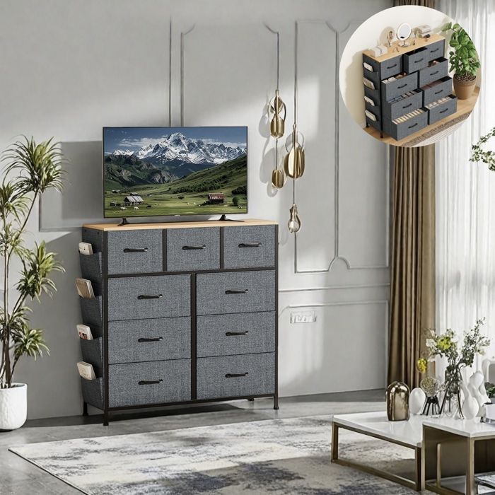 Commode - Armoire - Meuble de rangement - 9 tiroirs en tissu avec poignées - Structure en métal - 98.8 x 30 x 100 cm - Gris