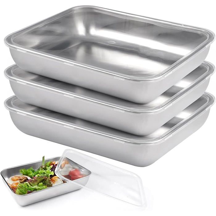 Lot de 3 Plat Inox ectangulaire 25x20x5 cm Bac de Cuisson en Inox Plateau de Cuisson Four Plat ectangulaire en Acier PLAQUE A FOUR