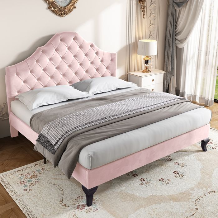 Lit Double 140x200 cm - Lit Capitonné en Velours avec Tête de Lit Réglable Sans Matelas - Rose
