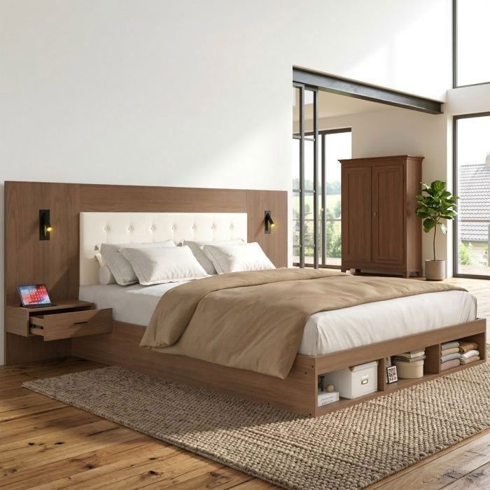 Lit double adulte 180×200 cm lit en bois avec rangement station de charge USB Type-C 2 chevets chêne
