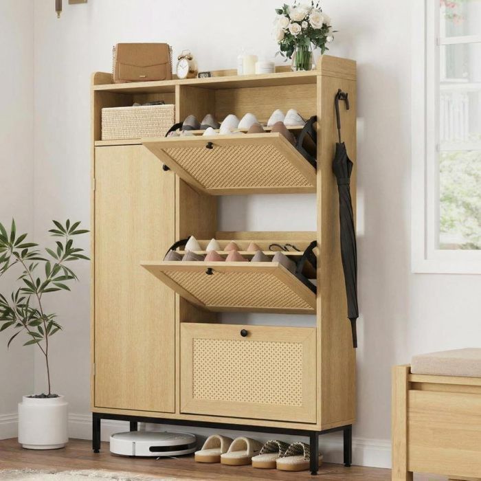 Meuble à Chaussures-commode à chaussures -avec 3 Couvercles en Osier-Armoire à Chaussures Haute avec Porte Et étagères Réglables