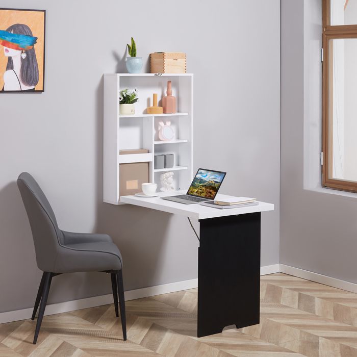 MOTHINESSTO130-Bureau Mural Pliable Table Murale Rabattable Suspendue sur Pied étagère + Tableau à Craie intégré MDF Blanc