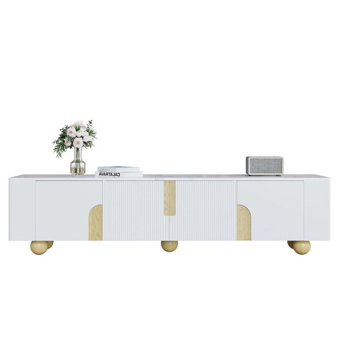 Meuble TV Blanc-180cm-4 Portes-Design Élégant-Effet Marbre-Pieds Sphériques Bois-Rangement Moderne-Pour Salon