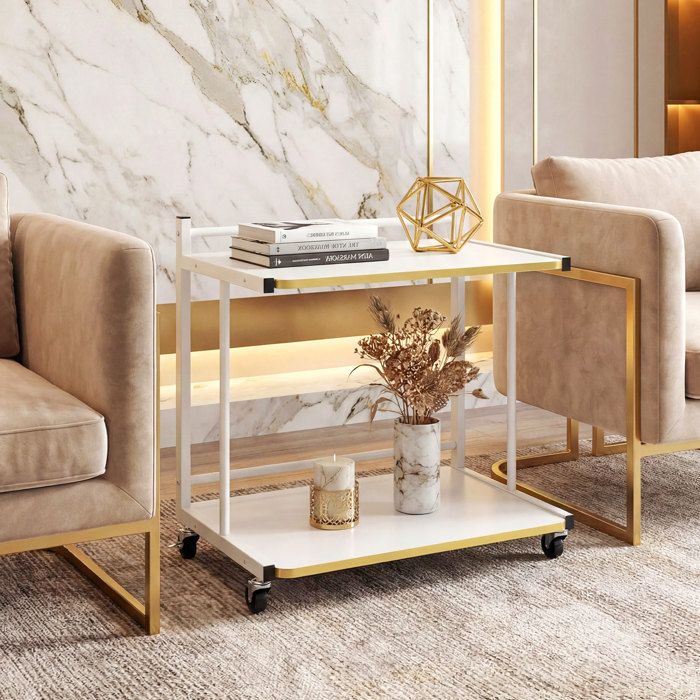 Table dAppoint Mobile en Forme de C GIANTEX Bout de Canapé Moderne Bois Roulettes Verrouillables 2 Niveaux Cadre Métallique