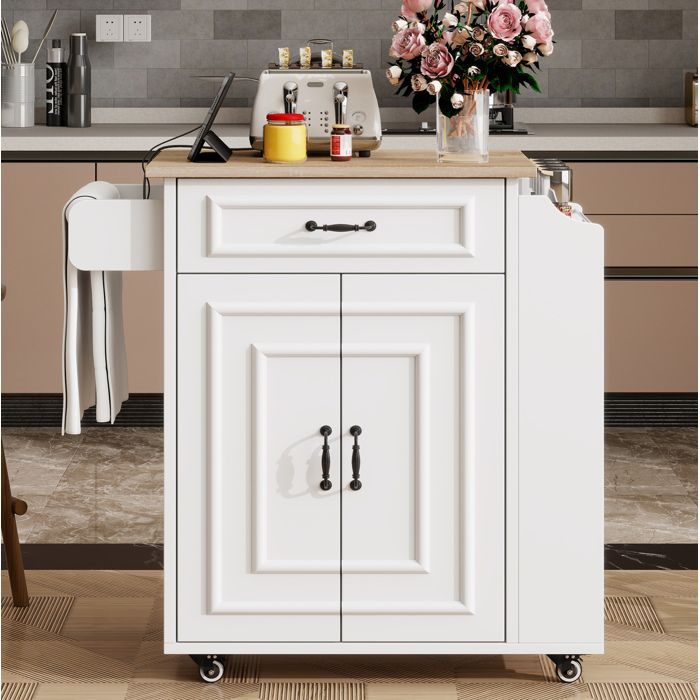 Desserte de cuisine 1 Tiroir 2 Portes Plateau Rabattable et Étagère Réglable - YEAVIO - sur Roulettes Blanc 66×60×90 cm