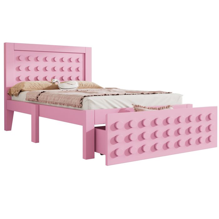 Lit enfant 90x200 cm en bois massif avec rangement sous lit et tiroirs design bloc créatif couleur rose sans matelas