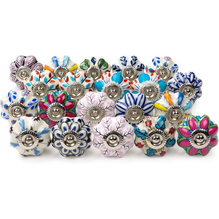Assortiment de Boutons de Meuble Ronds en Céramique (Lot de 20)-Matériel de Montage Inclus-Poignées de Placard Design Vintage