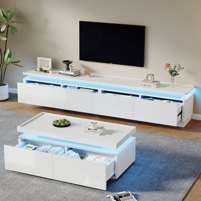 Ensemble salon meuble TV + table basse blanc brillant LED 4 tiroirs support TV 75 pouces design moderne 180x34x40cm 95x45x35cm Ensemble salon meuble TV + table basse blanc brillant LED 4 tiroirs support TV 75 pouces design moderne 180x34x40cm 95x45x35cm