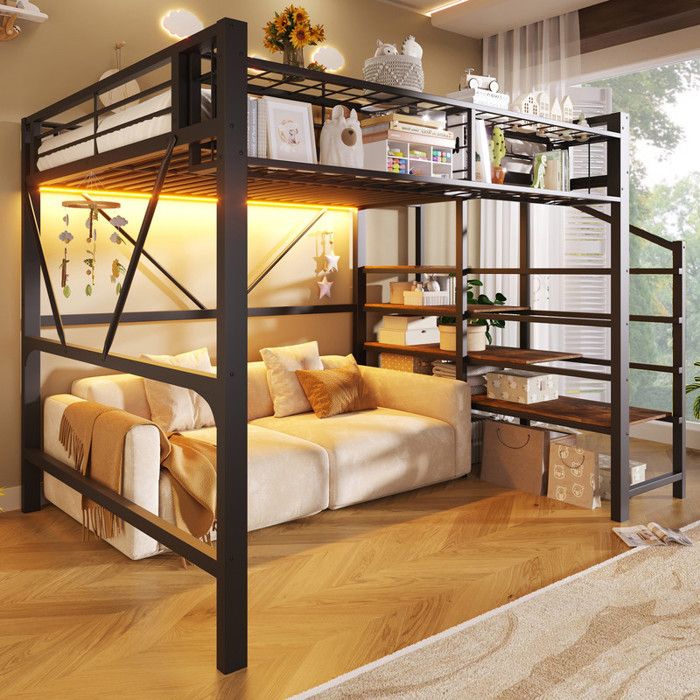 Lit Mezzanine 140x200 Lit superposé 2 places avec étagère intégrée panier de rangement lit enfant metal avec LED intégré Noir
