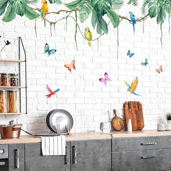 Sticker mural - Motif plantes tropicales - Arbre - Oiseau - Vert - Plantes suspendues - Pour chambre enfant Jungle STICKERS