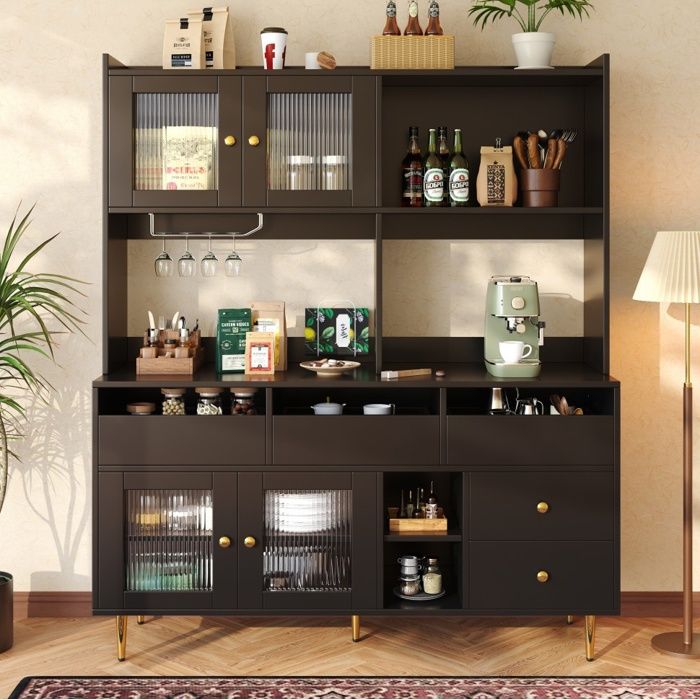 Buffet 145x39x171cm - Vaisselier 4 Portes en Verre Changhong - Range-Bouteilles & Étagères Multi-Niveaux - Noir et Or
