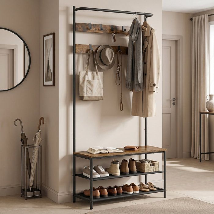 VESTIAIRE - MEUBLE D ENTREE Penderie 9 Crochets Amovibles Entrée 84 x 32 2 x 180 cm Marron rustique et noir VESTIAIRE - MEUBLE D ENTREE Penderie 9 Crochets Amovibles Entrée 84 x 32 2 x 180 cm Marron rustique et noir