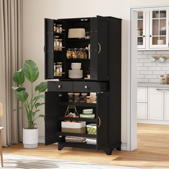 Buffet haut 77 x 40 x 181 cm en MDF noir mat 4 portes 2 tiroirs étagères réglables et tablette coulissante