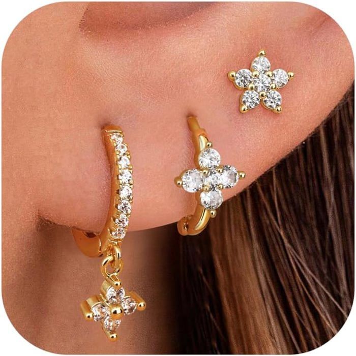 3 Paires Boucles DOreilles Femme Argent 925 Plaquées Or 14K Créoles Boucles DOreilles Zircon Papillon Piercing Oreille Car[PP419]