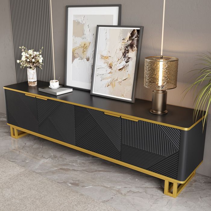 Meuble TV 4 Portes En MDF Noir Et Or Banc TV Design Geometrique FloraGrace Pour Salon Grand Espace De Rangement 160x37 5x48cm