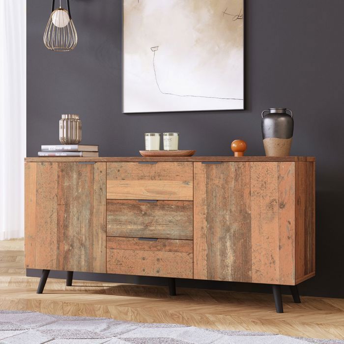 Buffet bas - SOGEU - Buffet 140x35x70 cm Bois Vintage Marron Rétro - 3 tiroirs & 2 portes - Étagères réglables - Effet bois vieilli