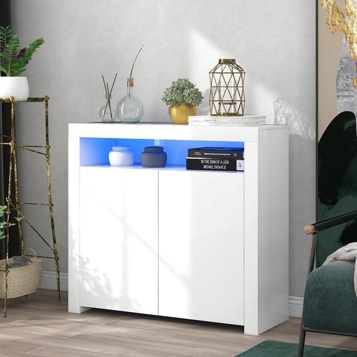 Buffet - KOMHTOM - Modèle 108x40x92 cm - Blanc brillant - Éclairage LED multicolore - 2 portes vitrine TV Buffet - KOMHTOM - Modèle 108x40x92 cm - Blanc brillant - Éclairage LED multicolore - 2 portes vitrine TV