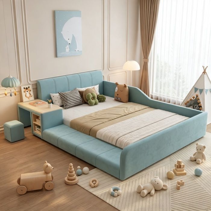 Lit simple enfant 140×200cm - URTR - avec bureau tabouret assorti et étagère - tissu velours - lit rembourré - sans matelas - bleu