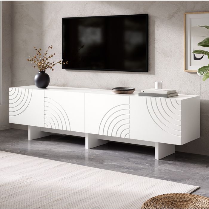 WUVRIE Meuble TV 170 cm blanc 4 portes façades en relief passe-câbles MDF et panneaux de particules
