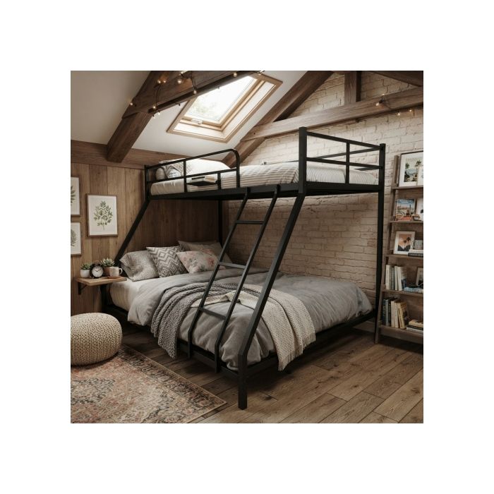 Lit superposé - WESTYLE - 90/140x200 - Métal noir - Sommier inclus - Échelle et barrières de sécurité