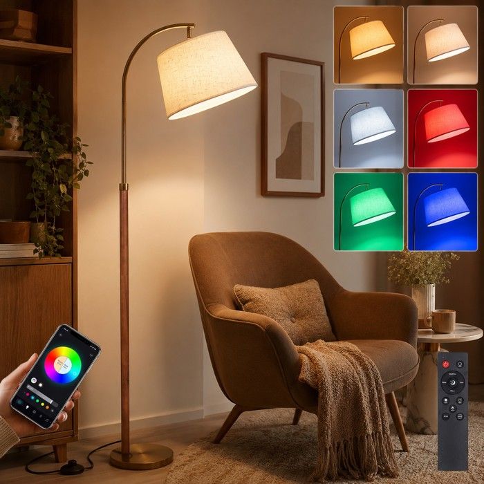 Lampadaire salon bois massif RGB CCT lampe sur pied orientable avec télécommande interrupteur Noyer
