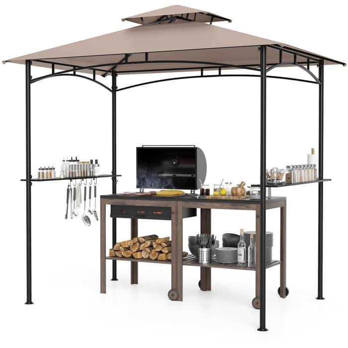 Cuisine extérieure protégée - tonnelle de barbecue 8 x 5 pieds toit double 2 étagères 6 crochets