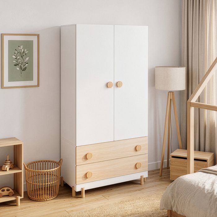 Armoire enfant Vaarentaa 2 portes 2 tiroirs 156 x 80 x 41 cm effet chêne