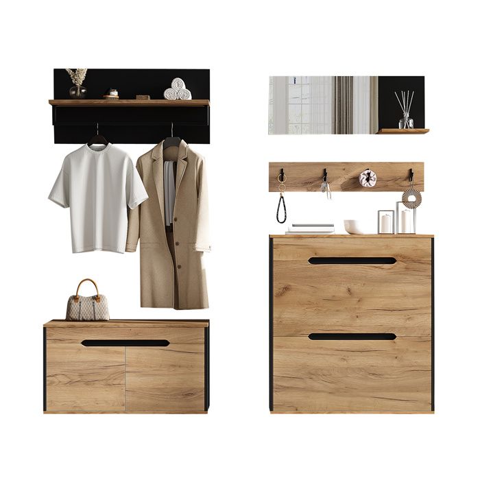 Meuble d’entrée modulable – noir et bois naturel – miroir crochets muraux 2 range-chaussures et 1 tiroir – 156 x 36 x 176 cm