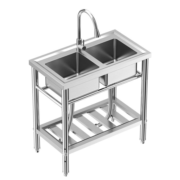 VFCLAR Évier double cuve pro inox 304 NSF sur pied – Robinet extractible chaud/froid plan de travail étagère – 84x46x76 cm