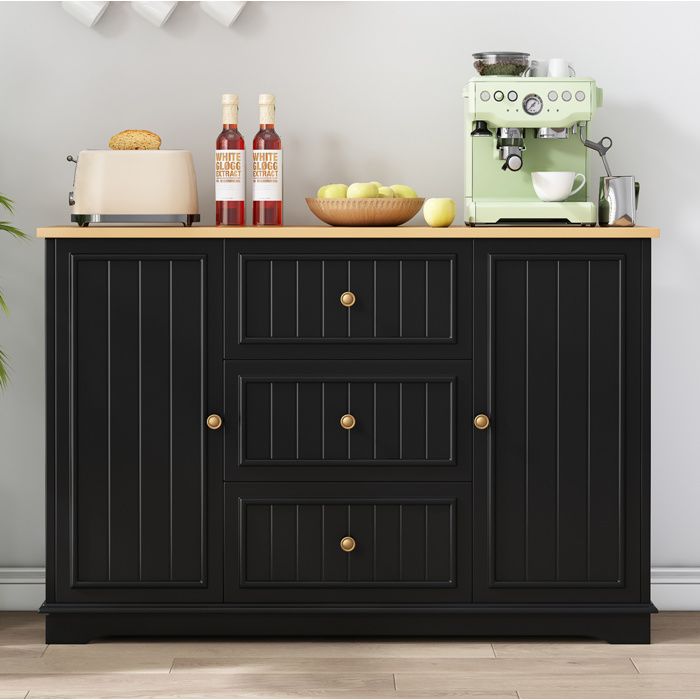 Buffet bas noir MDF 126 x 40 x 86 cm 3 tiroirs portes à monter soi-même salon salle à manger FOLYNA