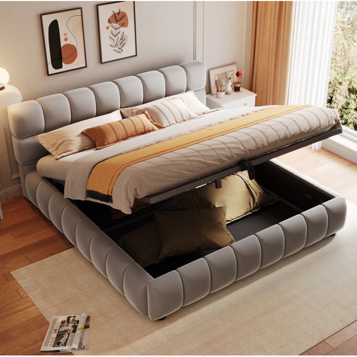 Lit capitonné gris 140 x 200 cm avec rangement hydraulique velours sommier à lattes matelas encastré