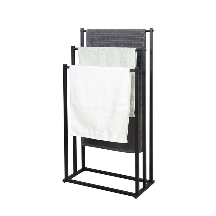 Porte-Serviettes Sur Pied Métal Noir 3 Barres Autoportant Rangement Salle De Bain Support Serviette Bain Design Moderne Antirouille
