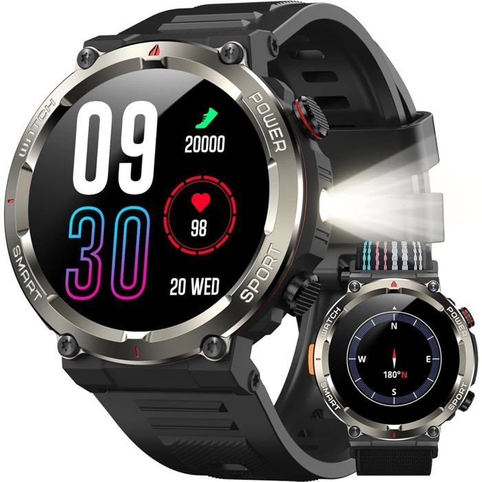 Montre Connectée Homme avec Appels Bluetooth 1 45 Lampe Torche LED et Boussole Autonomie 30 Jours 123 Modes Sportifs Fréquence