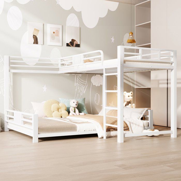 Lit superposé en métal blanc structure robuste en acier dimensions 90x200 au-dessus de 140x200 avec échelle