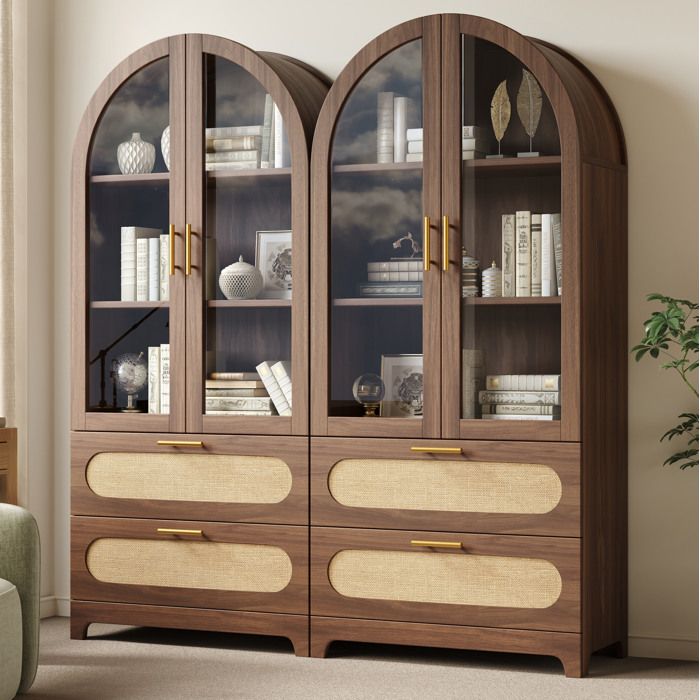 MEUVYX Vitrine avec 4 portes vitrées 3 étagères réglables et 2 tiroirs pour salon MDF 80 × 40 × 175 cm noyer