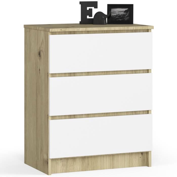 Commode AKORD K60 Chêne Artisan 60 cm 3 tiroirs façade Blanche 60x40x77 cm