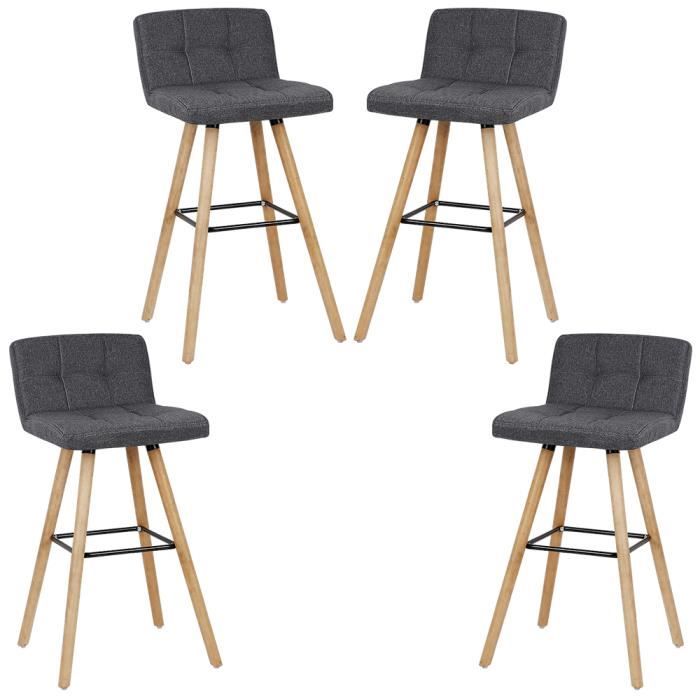 Luxs Lot De 4 Tabouret De Bar Bistrot Cuisine Chaise Haute Gris Siège Confortable En Tissu Pieds En Bois Hêtre Massif