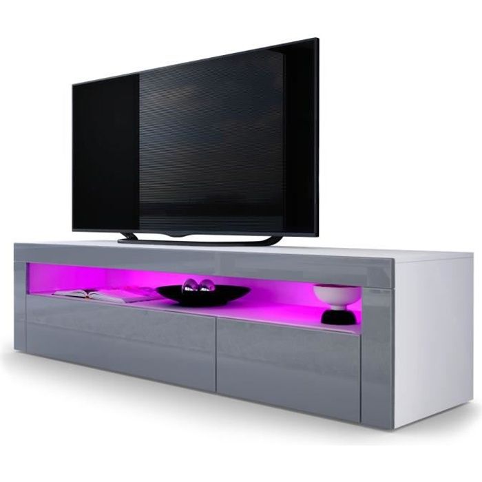 vladon meuble tv bas valencia en blanc mat - gris haute brillance - gris haute brillance