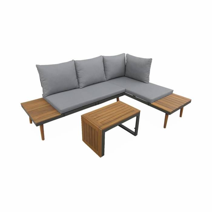 Salon de jardin anthracite et gris modulable en aluminium et bois dacacia. 4 places. Sao Paulo. 140 x 68 x 65cm