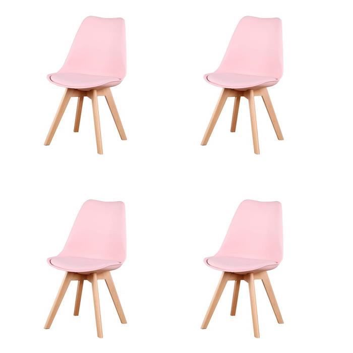 chaises de cuisine - grobkau - ensemble de 4 - rembourrées en cuir - pieds en bois tulipes - rose