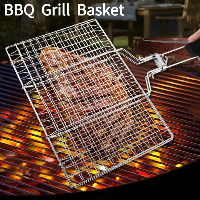 Panier Gril Poisson En Acier Inoxydable - Pour Barbecue - Poignée Amovible - 55x28cm - Cuisson Uniforme