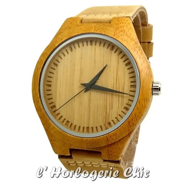 MONTRE UNISEXE BOIS 100 FAIT MAIN VINTAGE CUIR BAMBOU BEIGE ECOLOGIE NATURE NATURELLE ID E CADEAU