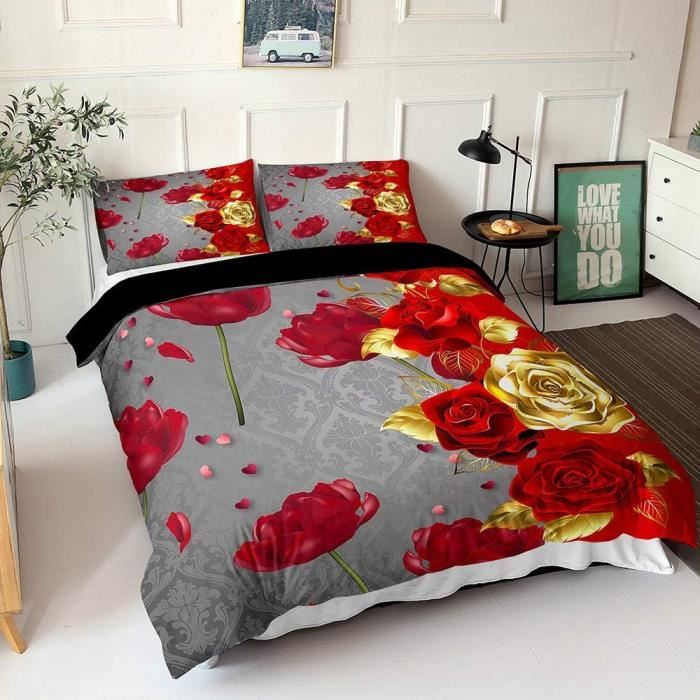 Sets De Housses De Couettes 2 Personnes, Microfibre 3D Rose Parure De