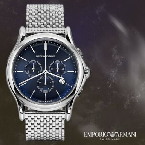 MONTRE HOMME EMPORIO ARMANI SWISS MADE avec CHRONO JOUR et DATE. BRACELET et CADRAN en ARGENT ARS4013