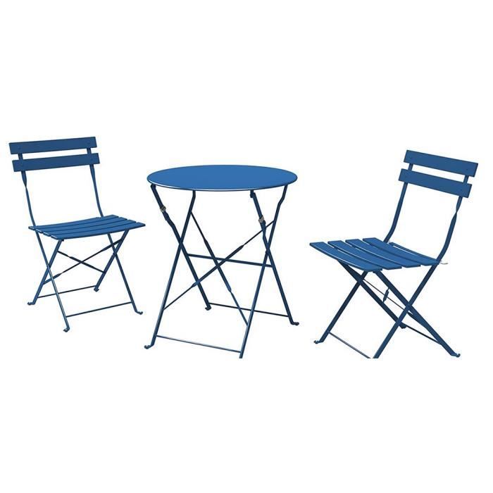 Salon de Jardin Bistro Pliable - HUOLE - Table Ronde Ø 60 cm avec 2 chaises Pliantes - bleu foncé