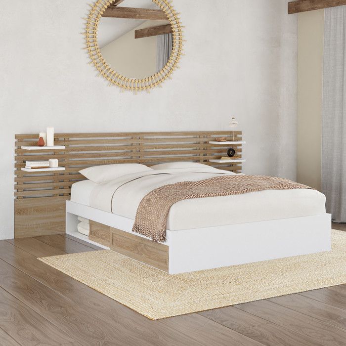 IDMARKET Lit double SAVANA avec tête de lit chevets rangements et sommier 140 x 190 cm hêtre et blanc