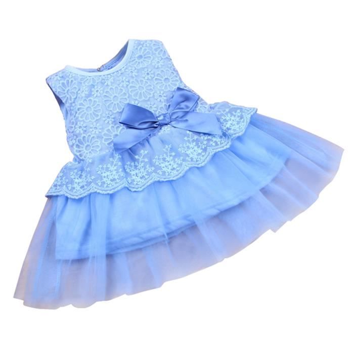 bleu 0-12 mois robe en dentelle fleur tutu été sans manche pour fille bébé nouveau-né