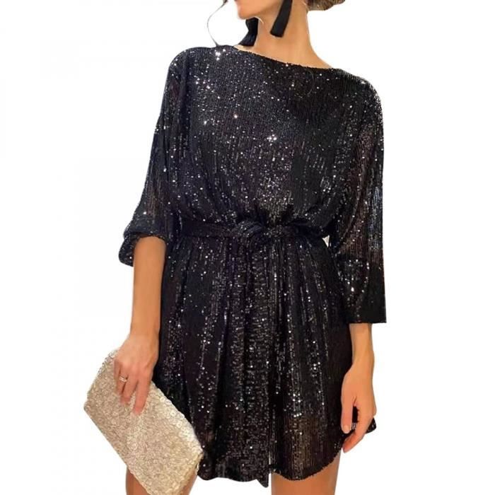 Femme Robe à Paillettes Manches Longues Robe Courte Chic avec Ceinture pour Soirée Cocktail
