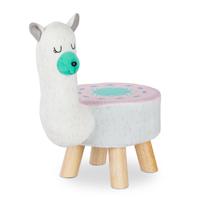 Relaxdays Tabouret enfant Lama revêtement peluche rond siège pour chambre motif animalier blanc