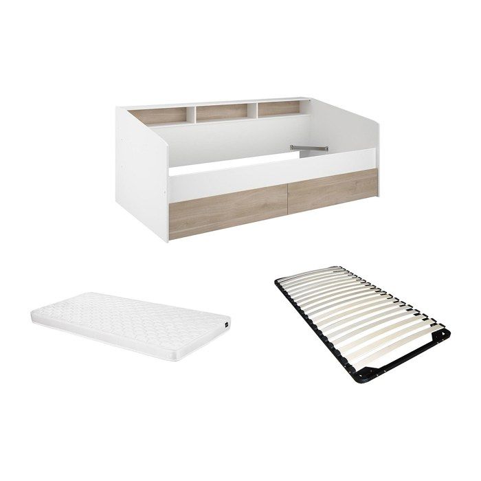 Lit 90 x 190/200 cm avec rangements - Blanc et naturel + Sommier + Matelas - PAULETTE Lit 90 x 190/200 cm avec rangements - Blanc et naturel + Sommier + Matelas - PAULETTE